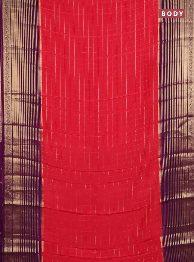 Semi mysore silk saree tomato pink and purple with allover zari checked pattern and long zari woven border