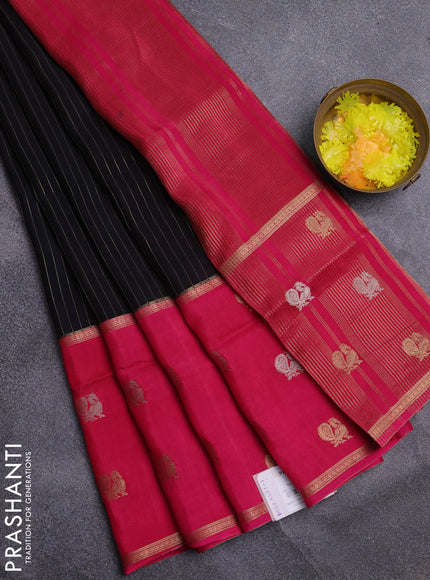 Semi mysore silk saree black and pink with allover zari stripe pattern and long zari woven border