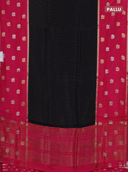 Semi mysore silk saree black and pink with allover zari stripe pattern and long zari woven border