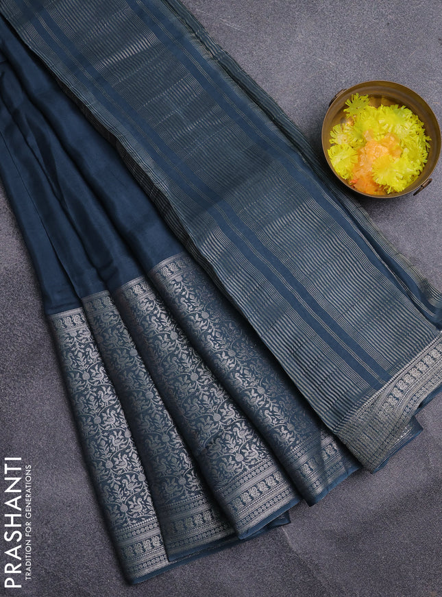 Semi mysore silk saree peacock blue and yellow with plain body and long zari woven border