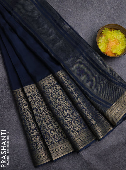 Semi mysore silk saree peacock blue and yellow with plain body and long zari woven border