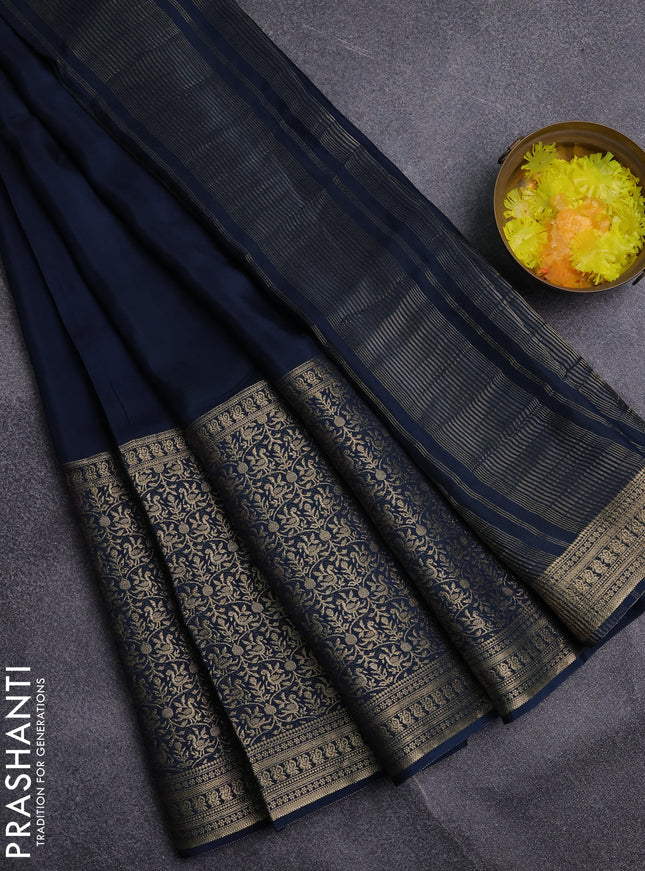Semi mysore silk saree peacock blue and yellow with plain body and long zari woven border