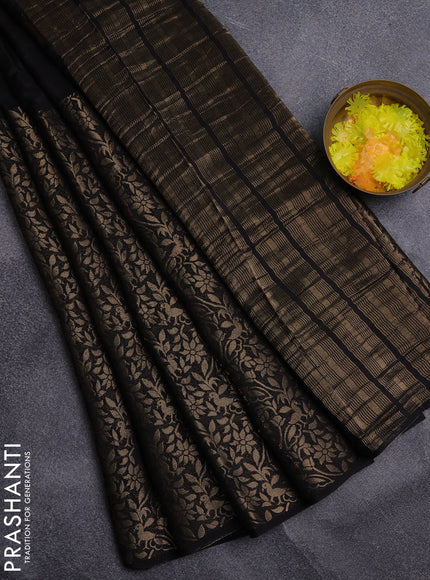 Semi mysore silk saree black and rust shade with zari woven buttas and long zari woven border