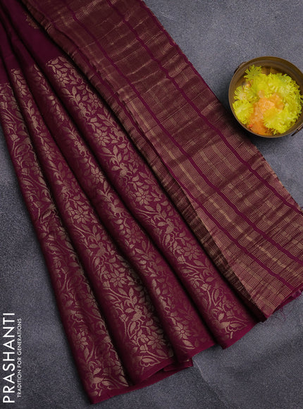 Semi mysore silk saree purple and yellow with zari woven buttas and long zari woven border