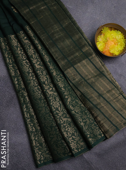 Semi mysore silk saree green and red with zari woven buttas and long zari woven border