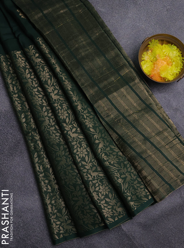 Semi mysore silk saree green and red with zari woven buttas and long zari woven border