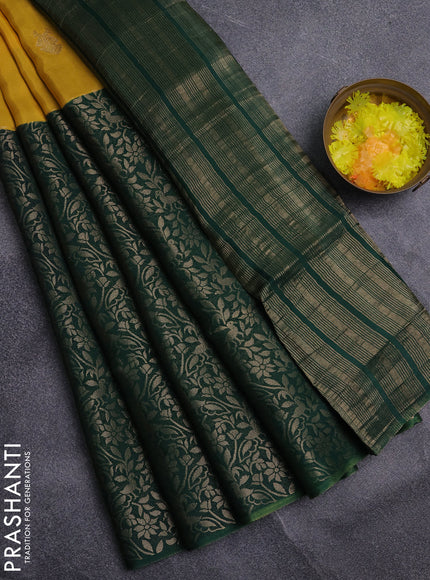 Semi mysore silk saree yellow and green with half & half style and long zari woven border