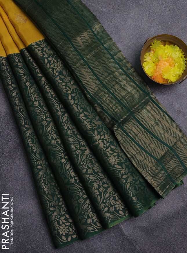 Semi mysore silk saree yellow and green with half & half style and long zari woven border
