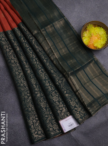 Semi mysore silk saree rust shade and bottle green with half & half style and long zari woven border