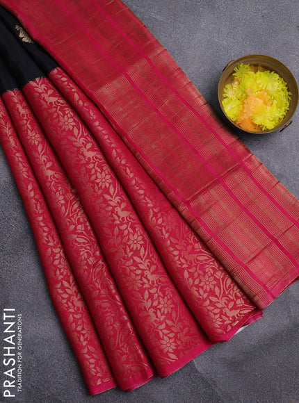 Semi mysore silk saree black and pink with half & half style and long zari woven border