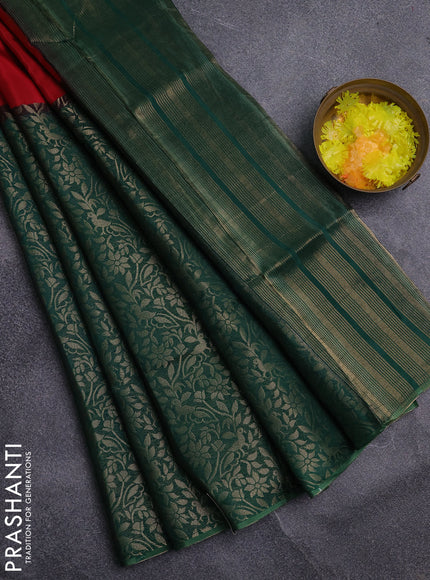 Semi mysore silk saree red and green with half & half style and long zari woven border