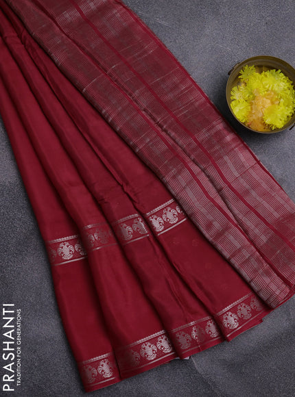 Semi mysore silk saree red and green with plain body and silver rettapet zari woven border