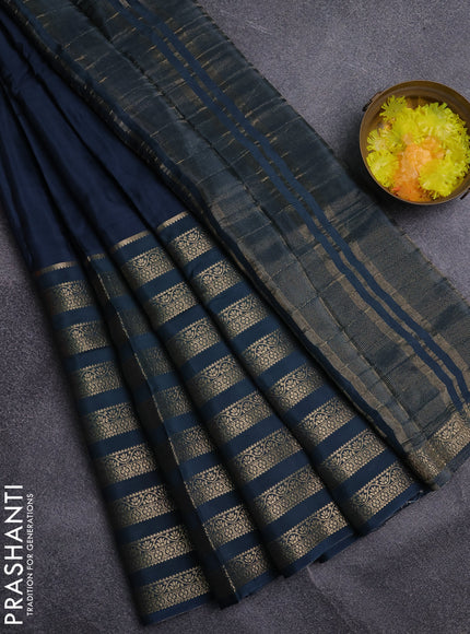 Semi mysore silk saree peacock blue with plain body and long zari woven border