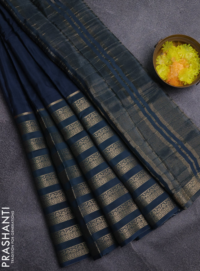 Semi mysore silk saree peacock blue with plain body and long zari woven border