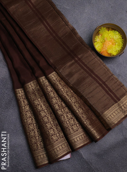 Semi mysore silk saree coffee brown and yellow with plain body and long rettapet zari woven border