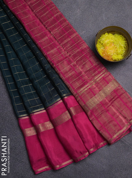 Semi mysore silk saree bottle green and pink with allover zari checked pattern and rettapet zari woven border