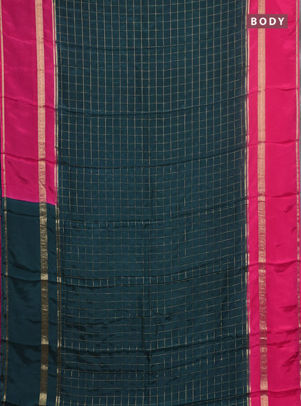 Semi mysore silk saree bottle green and pink with allover zari checked pattern and rettapet zari woven border
