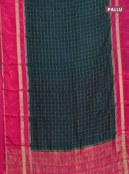 Semi mysore silk saree bottle green and pink with allover zari checked pattern and rettapet zari woven border