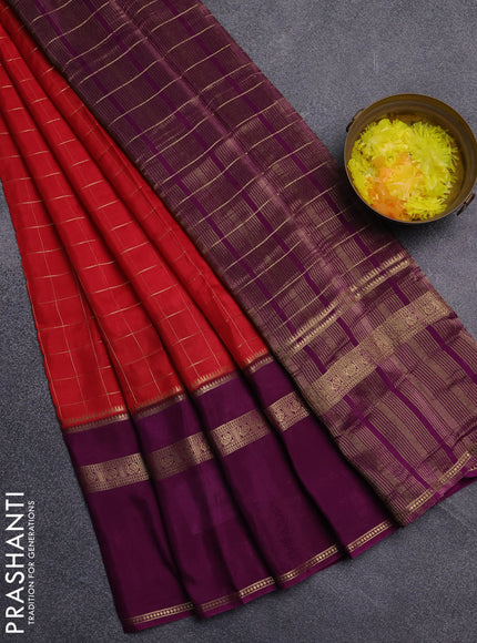 Semi mysore silk saree red and purple with allover zari checked pattern and rettapet zari woven border