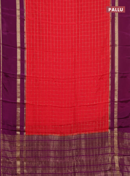 Semi mysore silk saree red and purple with allover zari checked pattern and rettapet zari woven border