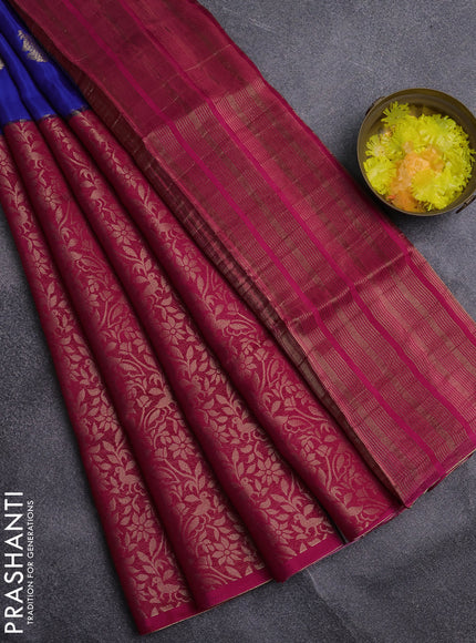 Semi mysore silk saree blue and pink with half & half style and long zari woven border