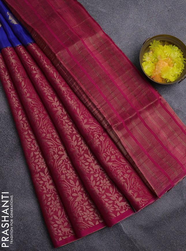 Semi mysore silk saree blue and pink with half & half style and long zari woven border