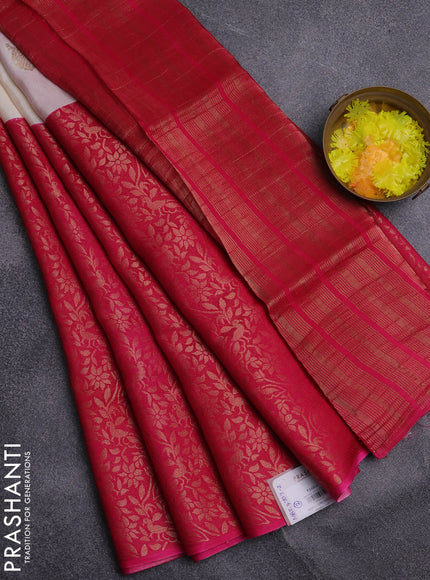 Semi mysore silk saree off white and pink with half & half style and long zari woven border