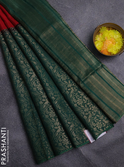 Semi mysore silk saree red and green with half & half style and long zari woven border