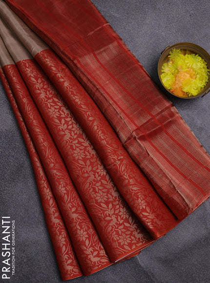 Semi mysore silk saree beige and rust shade with half & half style and long zari woven border