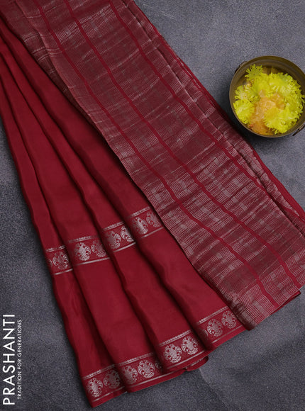 Semi mysore silk saree maroon and green with plain body and long rettapet zari woven border