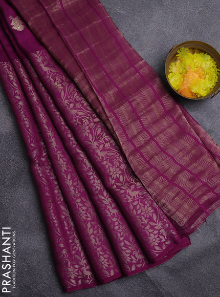 Semi mysore silk saree purple and yellow with zari woven buttas and long zari woven border