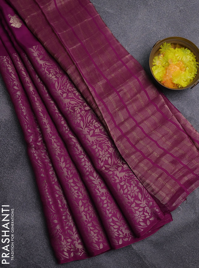 Semi mysore silk saree purple and yellow with zari woven buttas and long zari woven border
