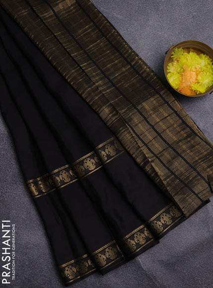 Semi mysore silk saree black and rustic orange with plain body and long rettapet zari woven border