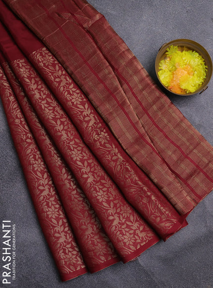 Semi mysore silk saree deep maroon and bottle green with allover zari woven buttas and long zari woven border