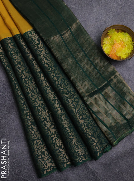 Semi mysore silk saree yellow and green with half & half style and long zari woven border