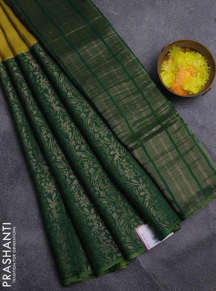 Semi mysore silk saree lime yellow and green with half & half style and long zari woven border