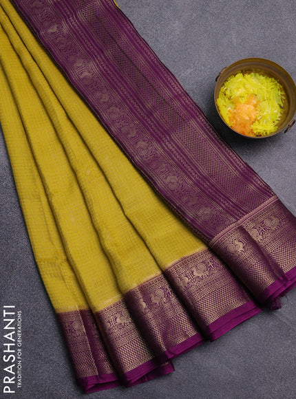 Semi mysore silk saree lime yellow and purple with allover zari checks & buttas and zari woven border