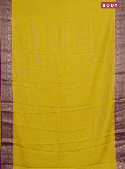 Semi mysore silk saree lime yellow and purple with allover zari checks & buttas and zari woven border