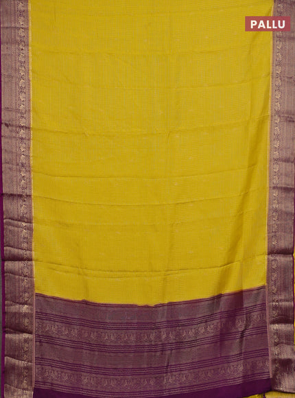 Semi mysore silk saree lime yellow and purple with allover zari checks & buttas and zari woven border