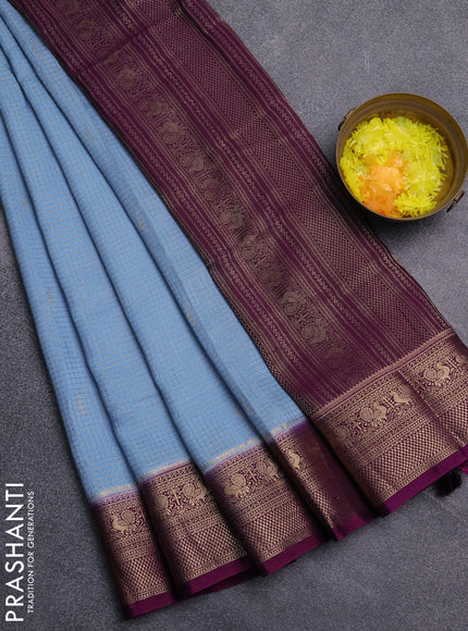 Semi mysore silk saree pastel blue and violet with allover zari checks & buttas and zari woven border