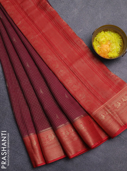 Semi mysore silk saree wine shade and red with allover zari checks & buttas and zari woven border
