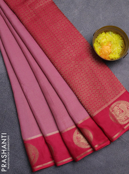 Semi mysore silk saree mauve pink and pink with allover small zari checked pattern and zari woven butta border