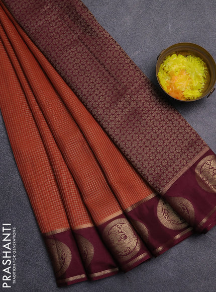 Semi mysore silk saree rustic orange and wine shade with allover small zari checked pattern and zari woven butta border