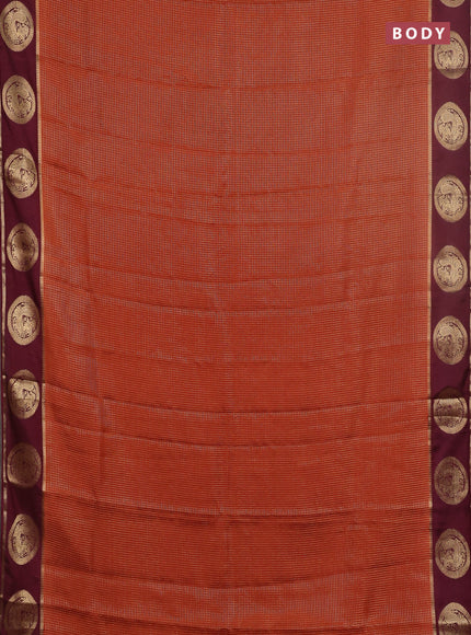 Semi mysore silk saree rustic orange and wine shade with allover small zari checked pattern and zari woven butta border