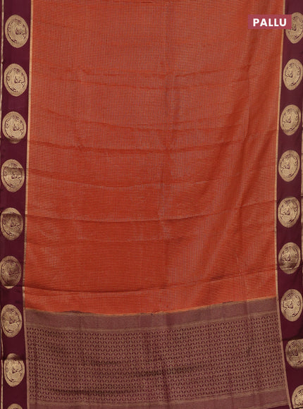 Semi mysore silk saree rustic orange and wine shade with allover small zari checked pattern and zari woven butta border