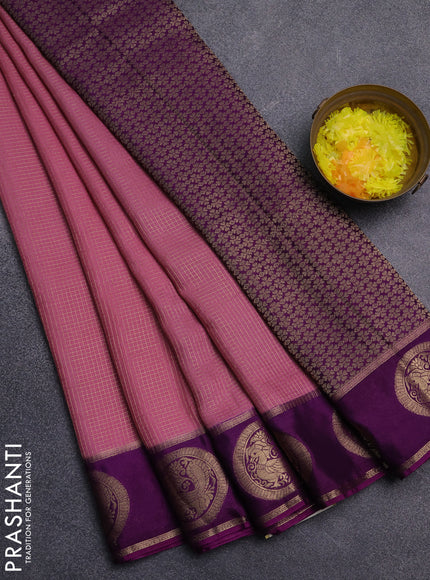 Semi mysore silk saree mauve pink and purple with allover small zari checked pattern and zari woven butta border