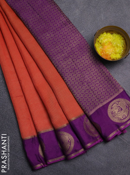Semi mysore silk saree rustic shade and purple with allover small zari checked pattern and zari woven butta border