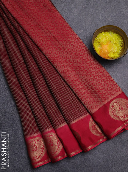 Semi mysore silk saree coffee brown and pink with allover small zari checked pattern and zari woven butta border