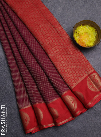 Semi mysore silk saree wine shade and red with allover small zari checked pattern and zari woven butta border