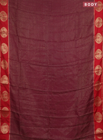 Semi mysore silk saree wine shade and red with allover small zari checked pattern and zari woven butta border